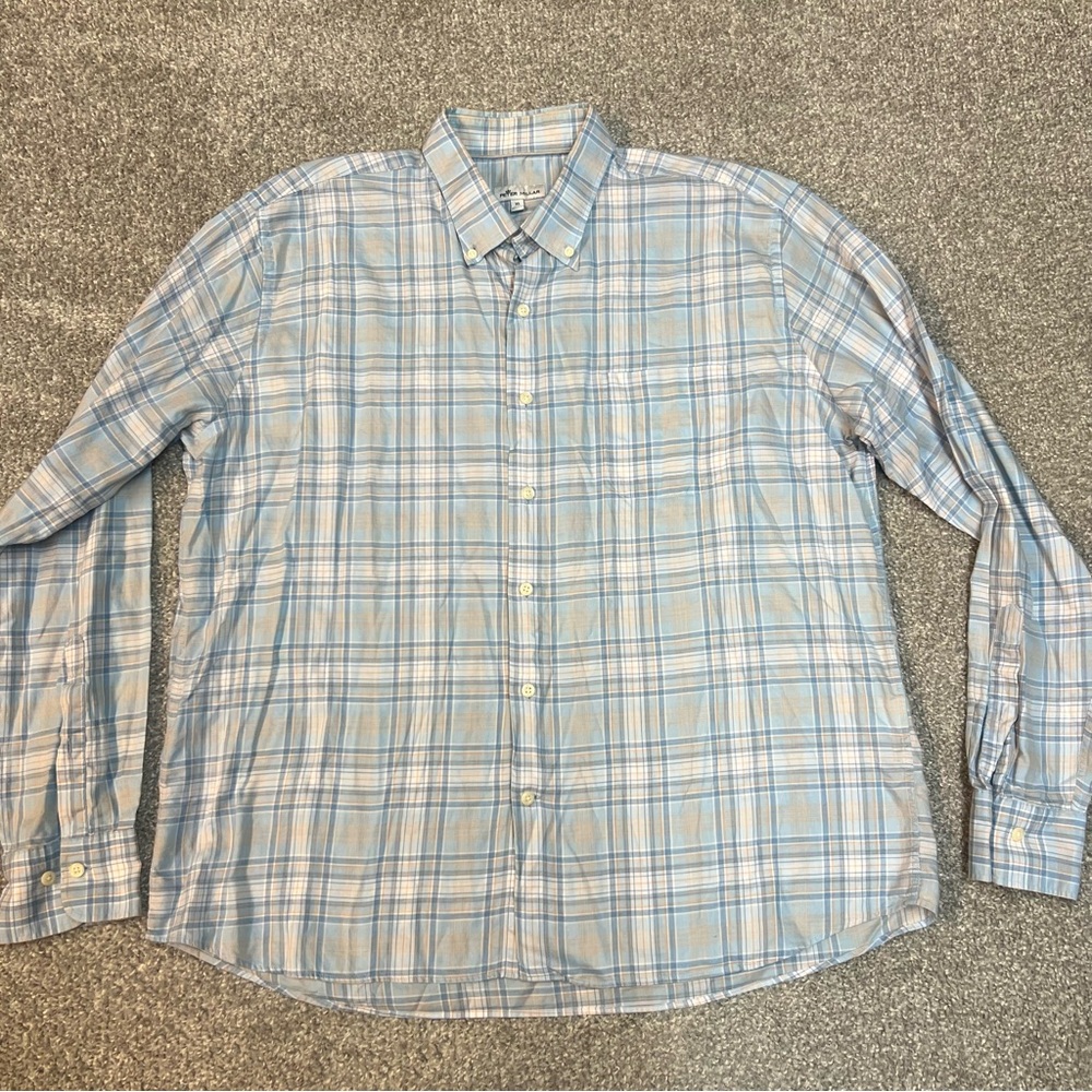 Peter Millar Shirt Men’s XL Blue Plaid Button Up Crown Yates Summer Soft Cotton